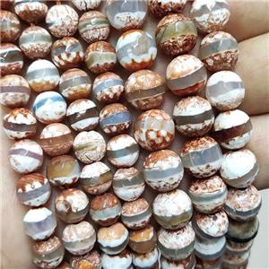 Tibetan Agate Beads Faceted Round Line Brown, approx 10mm dia