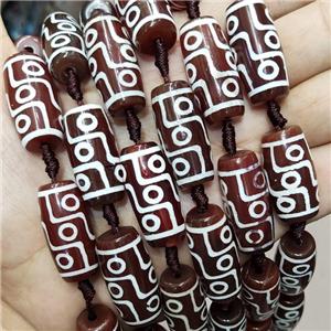 Tibetan Agate Barrel Beads Evil Eye Red, approx 14-30mm, 9pcs per st