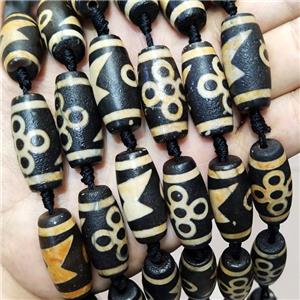Tibetan Agate Barrel Beads Black Yellow, approx 14-30mm, 9pcs per st