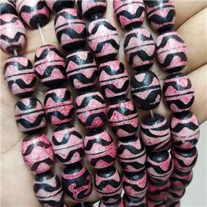 Tibetan Style Barrel Beads Wave Pink Black, approx 12-16mm, 22pcs per st