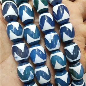 Tibetan Style Agate Barrel Beads Wave White Blue, approx 12-16mm, 22pcs per st