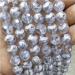 Natural Clear Quartz Beads Round Dragon Carved Silver, approx 10mm dia