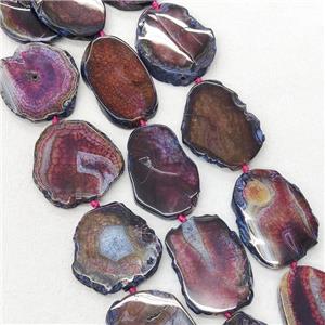 Natural Veins Agate Slice Beads Freeform Fuchsia Dye, approx 30-60mm