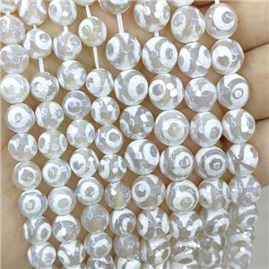 White Tibetan Agate Beads Faceted Round Evil Eye Electroplated, approx 10mm dia