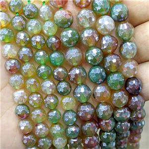 Natural Agate Beads Green Red Dye Faceted Round Electroplated, approx 6mm dia