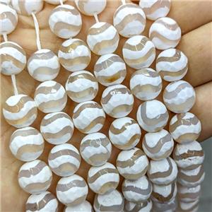Tibetan Agate Beads Faceted Round Wave White B-Grade, approx 12mm dia