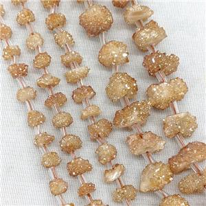 Natural Druzy Quartz Cluster Beads Champagne Electroplated, approx 8-12mm