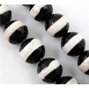 Tibet agate beads, black, faceted round, line, 10mm dia, approx 40pcs per st