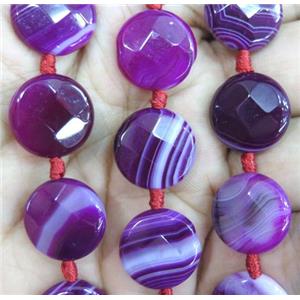 purple striped agate beads, faceted flat-round, approx 16mm dia