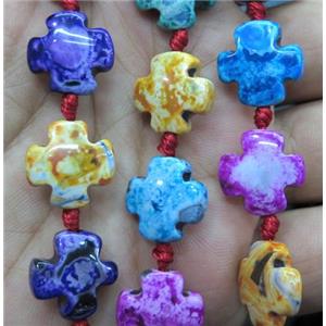 Dichromatic Agate bead, cross, mixed color, approx 15x15mm, 21pcs per st