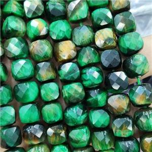 green Tiger eye beads, faceted cube, approx 10-12mm
