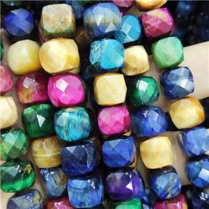 Tiger eye beads, faceted cube, mixed, approx 10-12mm