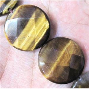 tiger eye bead, faceted flat-round, approx 25mm dia