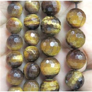 natural tiger eye stone bead, A-grade, faceted round, yellow, approx 10mm dia