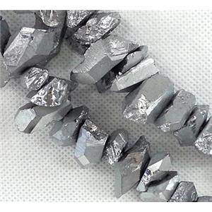 clear quartz bead, freeform chips, silver-grey, electroplated, approx 16-25mm