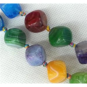 Agate stone beads, corner-drilled cube, mixed color, approx 14mm dia