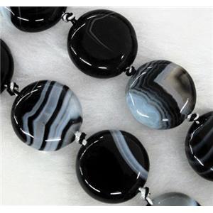 white & black stripe agate stone bead, flat round, approx 16mm dia