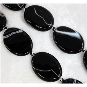 black agate stone bead, flat-oval, approx 25x35mm