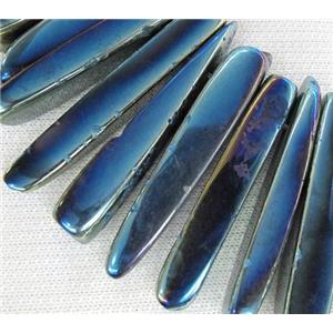 rock agate stone beads, polished, stick, blue electroplated, approx 15-60mm