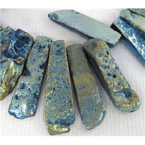 Rock Agate stone bead, stick, blue electroplated, approx 15-60mm