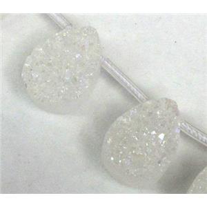 Agate Druzy beads, teardrop, white AB-Color electroplated, approx 15x20mm, 10pcs per st