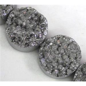 Agate Druzy beads, circle, silver electroplated, approx 15mm dia