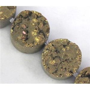 Agate Druzy beads, circle, golden electroplated, approx 15mm dia