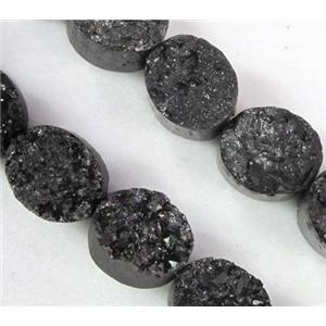 Agate Druzy beads, oval, black electroplated, approx 8x10mm, 19pcs per st