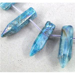 clear quartz stick bead, aqua electroplated, approx 15-20mm
