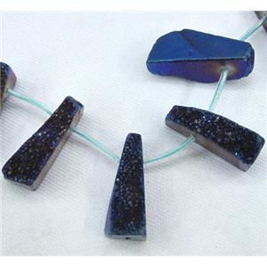 agate druzy beads, freeform stick, blue electroplated, approx 20-35m, 15.5 inches