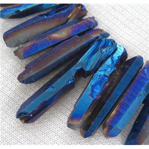 Clear Quartz Bead, stick, blue electroplated, approx 20-50mm