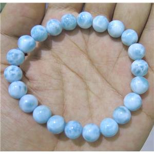 natural Larimar bracelet, round, blue, stretchy, grade-AAAAA, approx 8mm bead