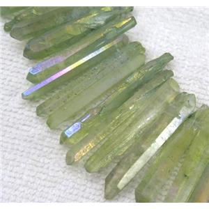 clear quartz stick beads, freeform, green AB-color, approx 6-45mm