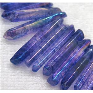 polished Clear Quartz stick beads, freeform, blue, approx 20-45mm