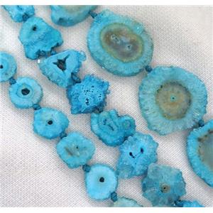 blue druzy agate bead, freeform slice, approx 16-35mm