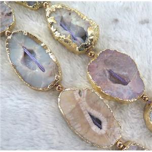 druzy Agate beads, pink, freeform, gold plated, approx 20-40mm, 5pcs per st