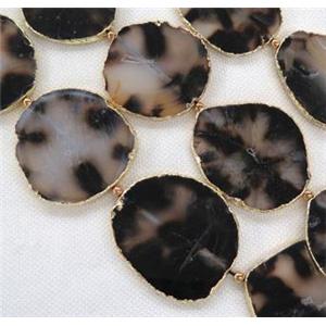 black Heihua Agate slice bead, flat freeform, gold plated, approx 20-60mm