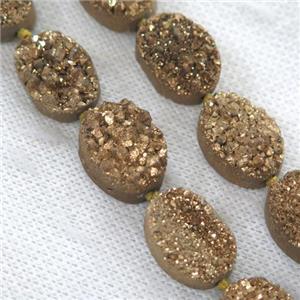 gold druzy quartz beads, oval, approx 13x18mm, 11pcs per st