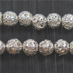 round Lava stone beads, shiny silver electroplated, approx 10mm dia