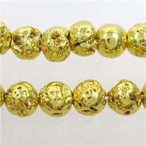 round Lava stone beads, gold electroplated, approx 10mm dia
