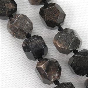 faceted round black Coral Fossil Beads, approx 14-16mm