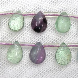 Fluorite teardrop beads, multi-color, top-drilled, approx 10-14mm