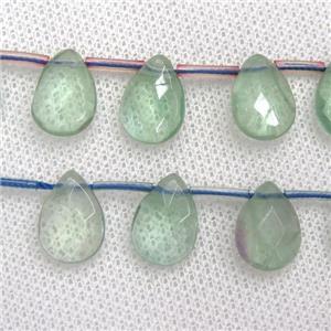 green Fluorite beads, faceted teardrop, top-drilled, approx 10-14mm