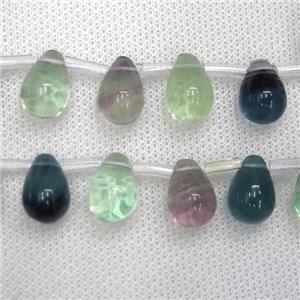 Fluorite beads, teardrop, multi-color, top-drilled, approx 10-14mm