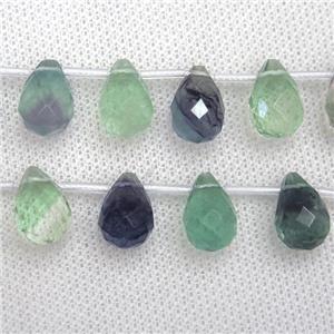 Fluorite beads, faceted teardrop, multi-color, top-drilled, approx 10-14mm