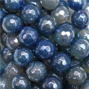 faceted round blue Agate Beads, light electroplated, approx 8mm dia