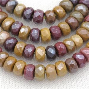 Mookaite beads, faceted rondelle, light electroplated, approx 5x8mm