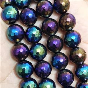 faceted round Black Agate beads with rainbow electroplated, approx 6mm dia