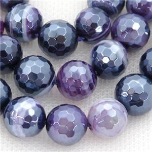 purple striped Agate beads with electroplated, faceted round, approx 14mm dia