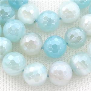 lt.blue striped Agate beads with electroplated, faceted round, approx 10mm dia